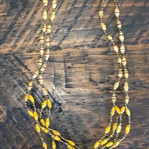 Handmade Paper Bead Necklace Three Strand Vintage Style - Picture 6 of 8